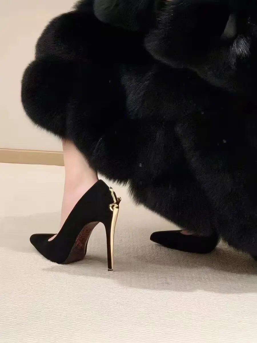 Patent PU Pumps Pointed-Toe Low-Heel Sculptural Gold-Tone Heel Accent With Glossy Patent Finish — Black | KIMLUD
