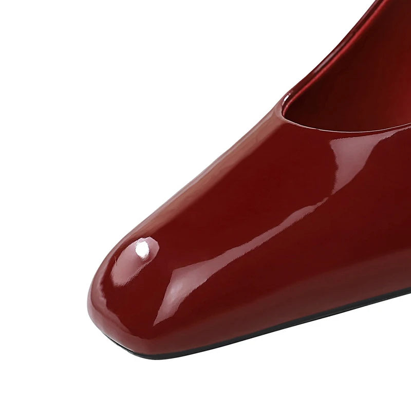 Patent Leather Block Heel Sandals — Wine Red | KIMLUD