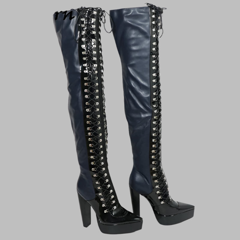 Sorbern Navy Blue Long Boots Women Fetish Style Block High Heel Pointed Toe Lace Up D-Hooks Mid Thigh High Boots Female Shoes