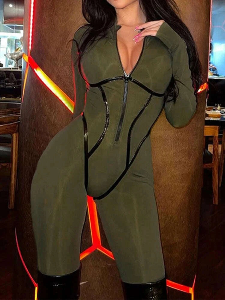 KIMLUD, OMSJ Sporty Body Shaping Full Sleeve One Piece Out Going Fashion Jumpsuits Panelled Round Collar Zip Slim Women's Casual Rompers, KIMLUD Womens Clothes