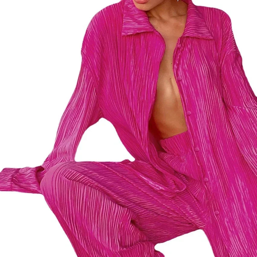 KIMLUD, 2023 Spring Summer Best Seller Solid Color Draped Loose Fit Smooth Pleated Women's Casual 2-Piece Set Stock Available, KIMLUD Womens Clothes