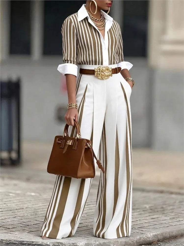 Silk Look Striped Two-Piece Set Belt — Black | KIMLUD