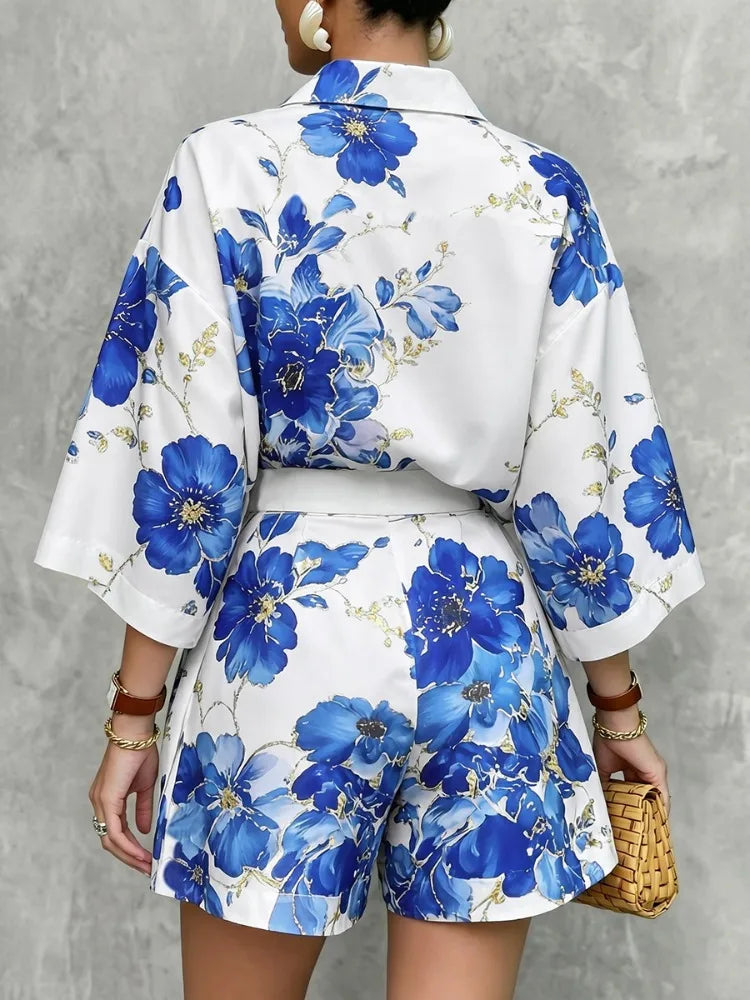 Lapel Blouse – Floral Printed – Polyester – Blue | KIMLUD