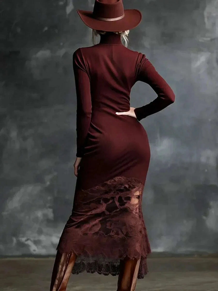 KIMLUD, Women's Sexy Lace Splicing Long Dress High Neck Slim Fit Long Sleeve Wine Red Maxi Dress for Autumn Comfortable Evening Wear, KIMLUD Womens Clothes