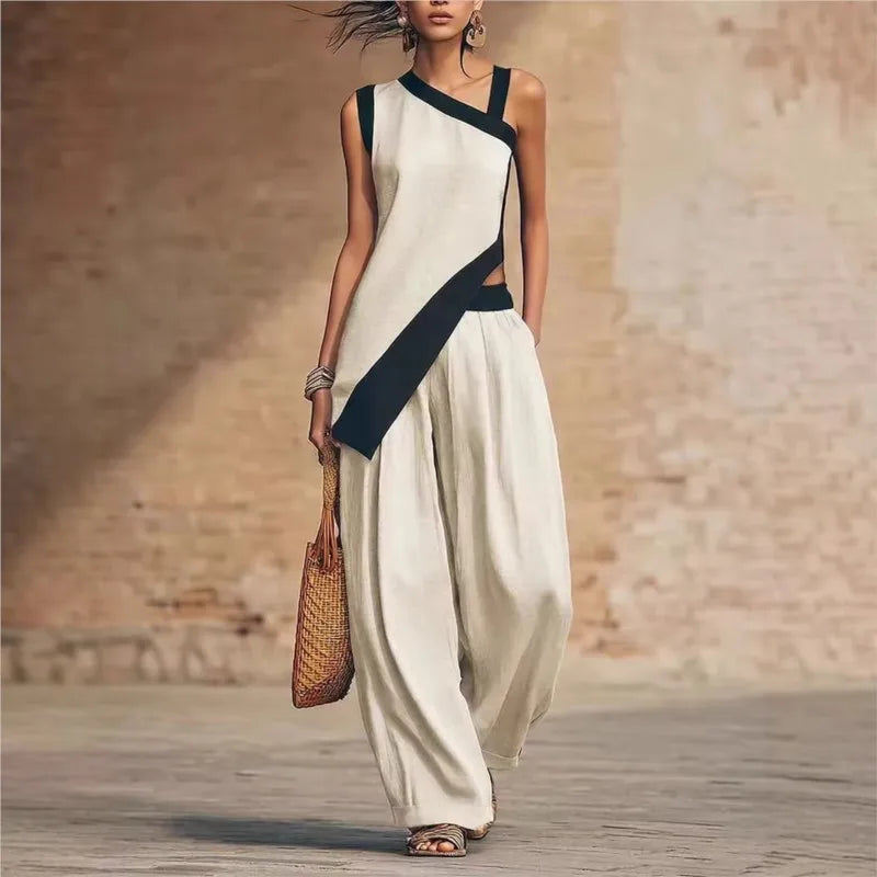 Wide Leg Color Block Pants And Top Set — Black | KIMLUD