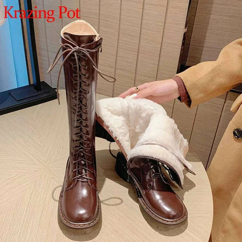 KIMLUD, Krazing Pot Vintage Cow Split Leather Wool Snow Boots Winter Keep Warm Round Toe Cross-tied Med Heels Platform Thigh High Boots, KIMLUD Womens Clothes