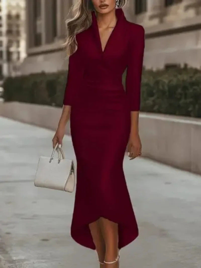 Elegant High-end Commuter Dress 2025 Autumn Simple Grand Solid Color V-neck  Cinched Waist  Long-sleeved Ankle-length Long Dress