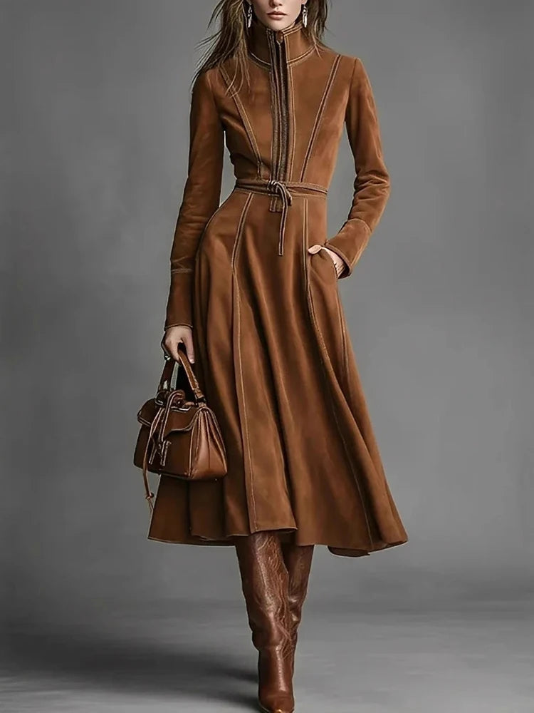 Elegant Suede Vintage Women's Dress Brown Zipper Slim Lace Up A-Line Autumn High Street Chic High Neck Long Sleeve Midi Dresses