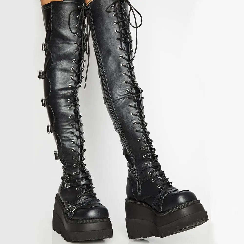 Over-the-Knee Boots – Gothic Wedge Platform – PU | KIMLUD