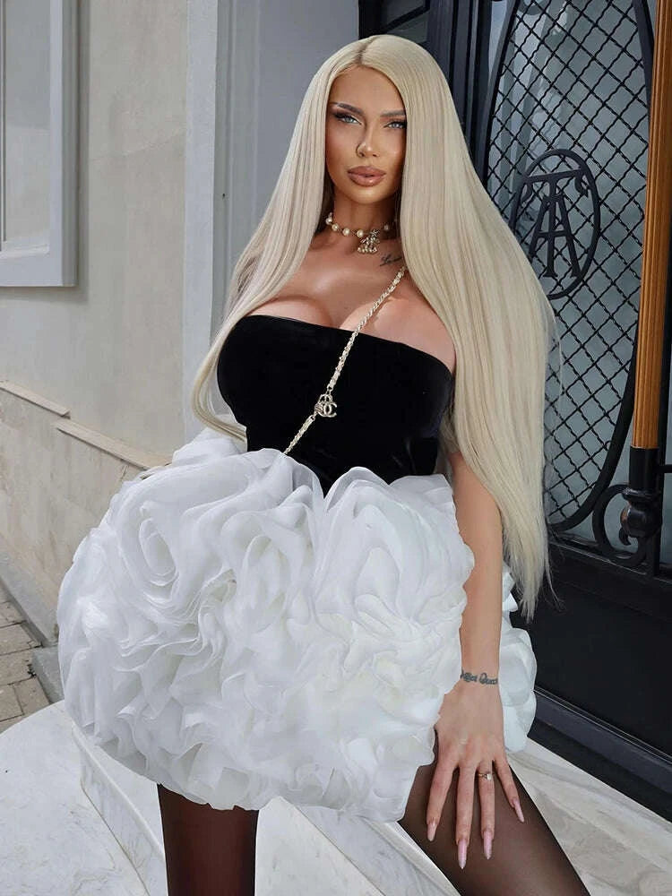 KIMLUD, VC Black and White Ruffled Short Dress Tube Velvet Top Sleeveless Open Back 3D Structured Flowers Cocktail Party Mini Ball Gown, KIMLUD Womens Clothes