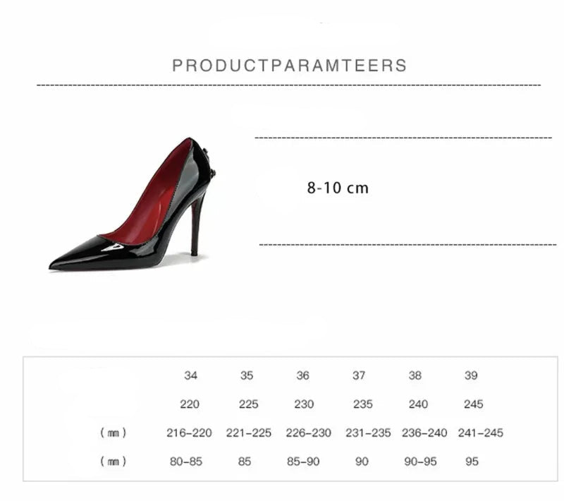 Black high-heeled shoe with red interior on a white background, accompanied by product parameter details.