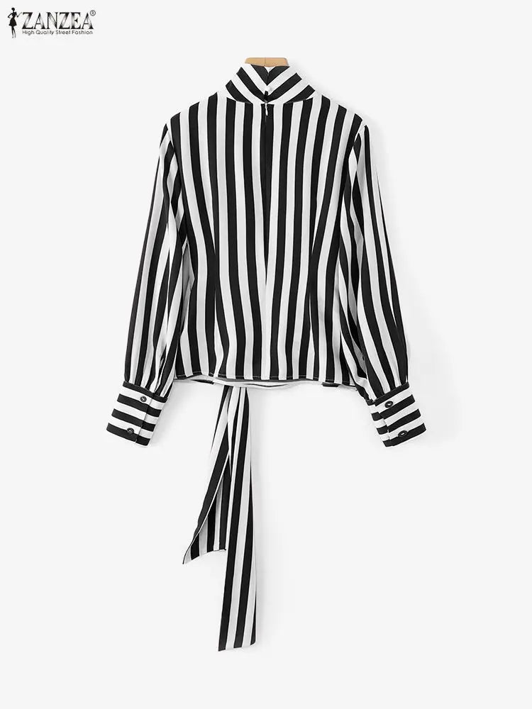 ZANZEA Women Stylish Tie Waist Striped Blouses 2025 Autumn Fashion Long Sleeve Cutout Turtleneck Tops Woman Clothing Streetwear