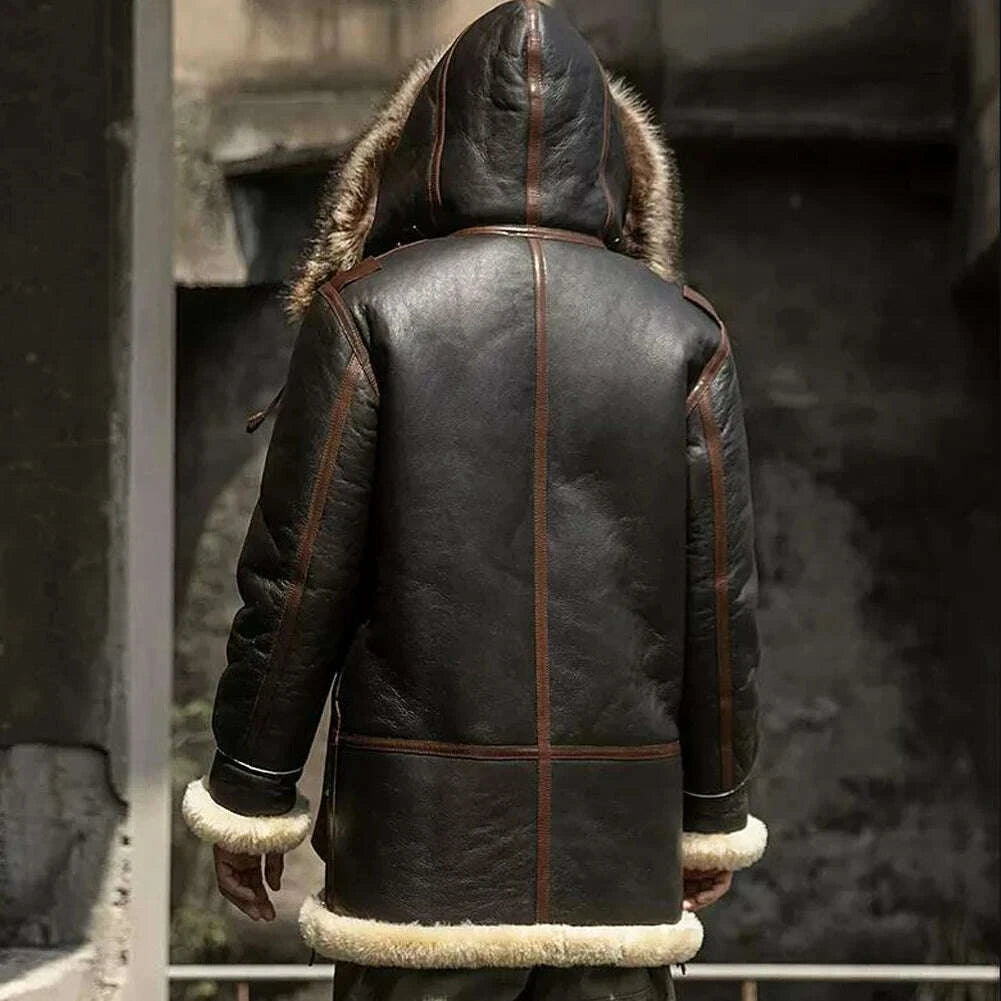 KIMLUD, Denny&Dora Men's Shearling Jacket Hood Thick Warm Winter Sheepskin Coat Dark Brown Leather Jacket, KIMLUD Womens Clothes