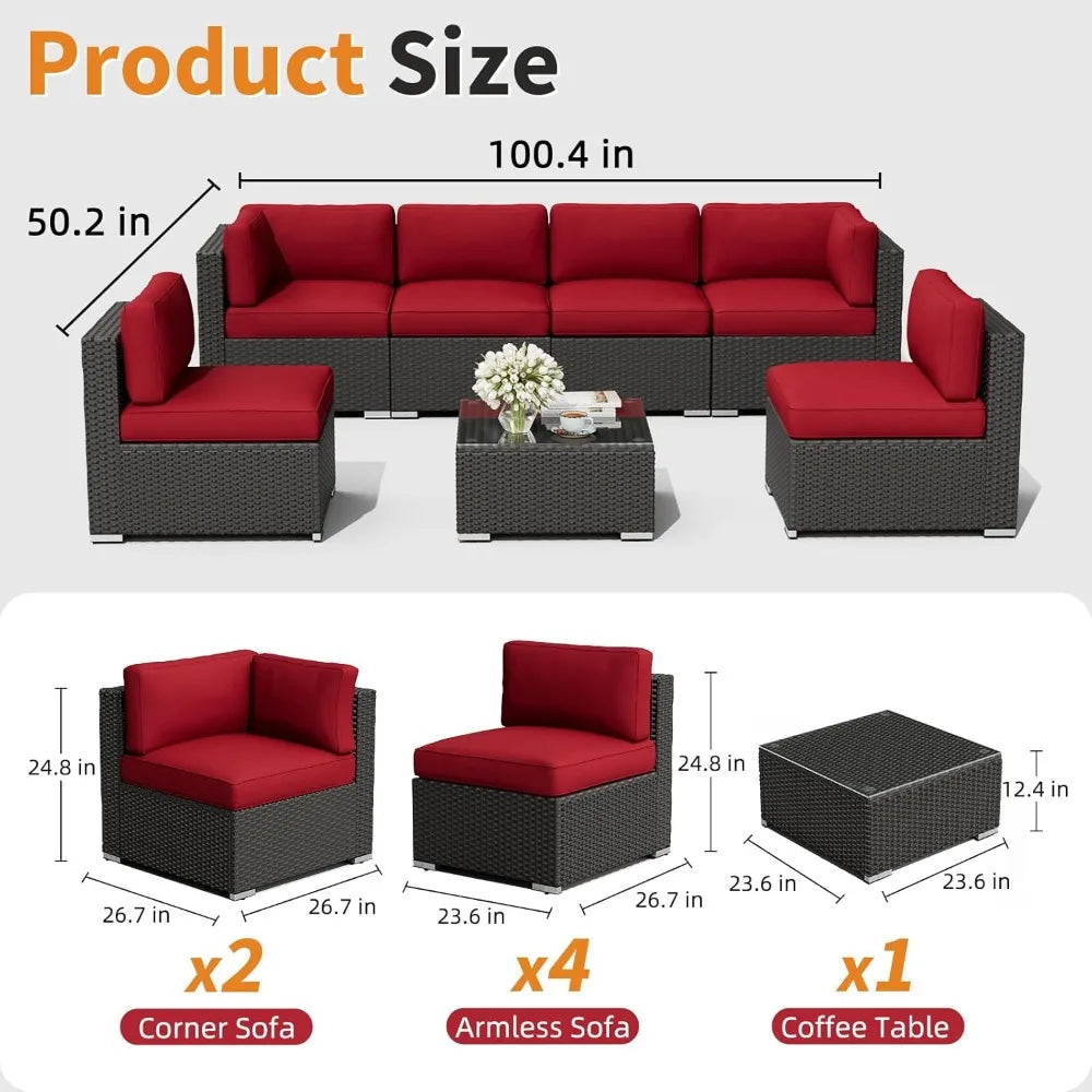 Rattan Outdoor Sofa Set 7-Piece With Glass Top Table — Red | KIMLUD