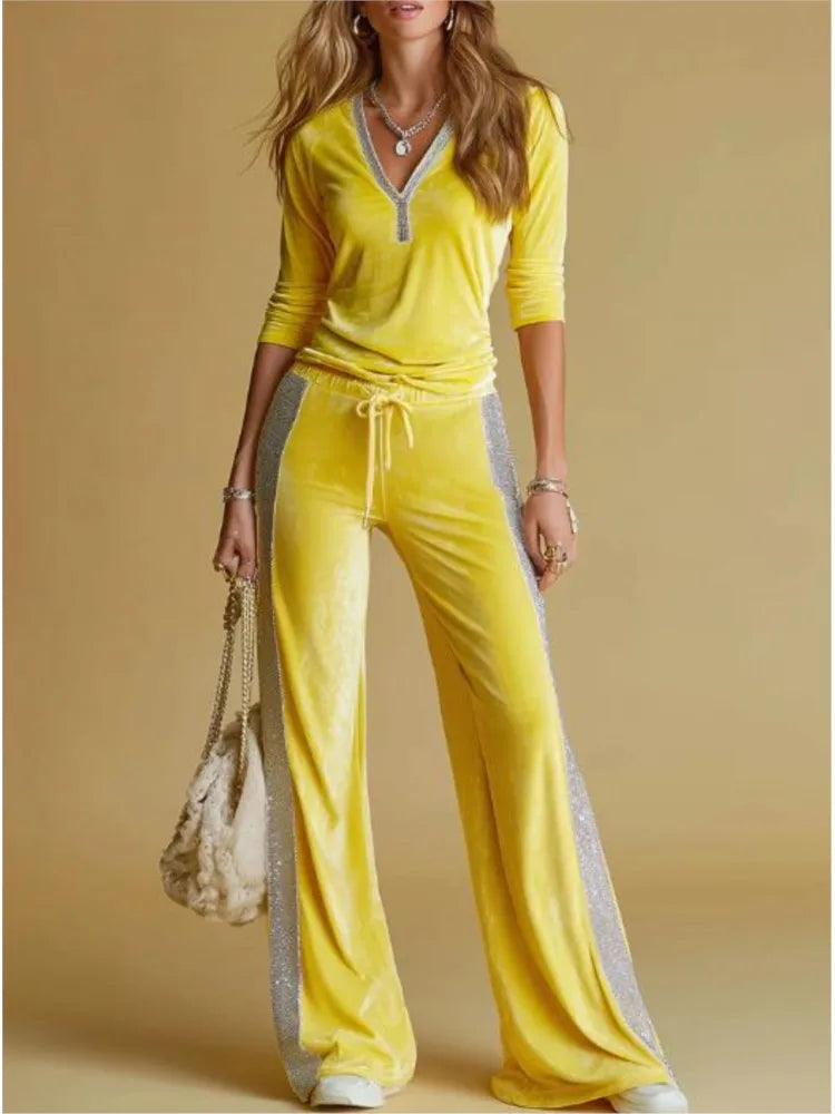 Velvet Two-Piece Set Spliced V-Neck Long Sleeve — Sun-Kissed Yellow | KIMLUD