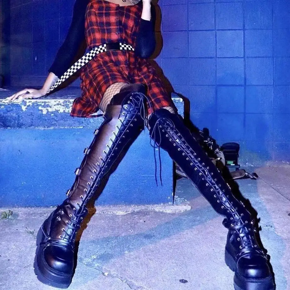 Fashion High Boots Women Platform Wedges Motorcycle Boot Over The Knee Army Stripper Heels Black Lace-up Belt Buckle Long Boots