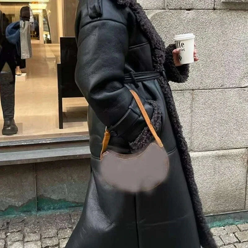 KIMLUD, Faux Fur Leather Long Jacket Women Lapel Long Sleeve Belt Thicken Female Coats Winter Fashion Street Patchwork Lady Outwear, KIMLUD Womens Clothes