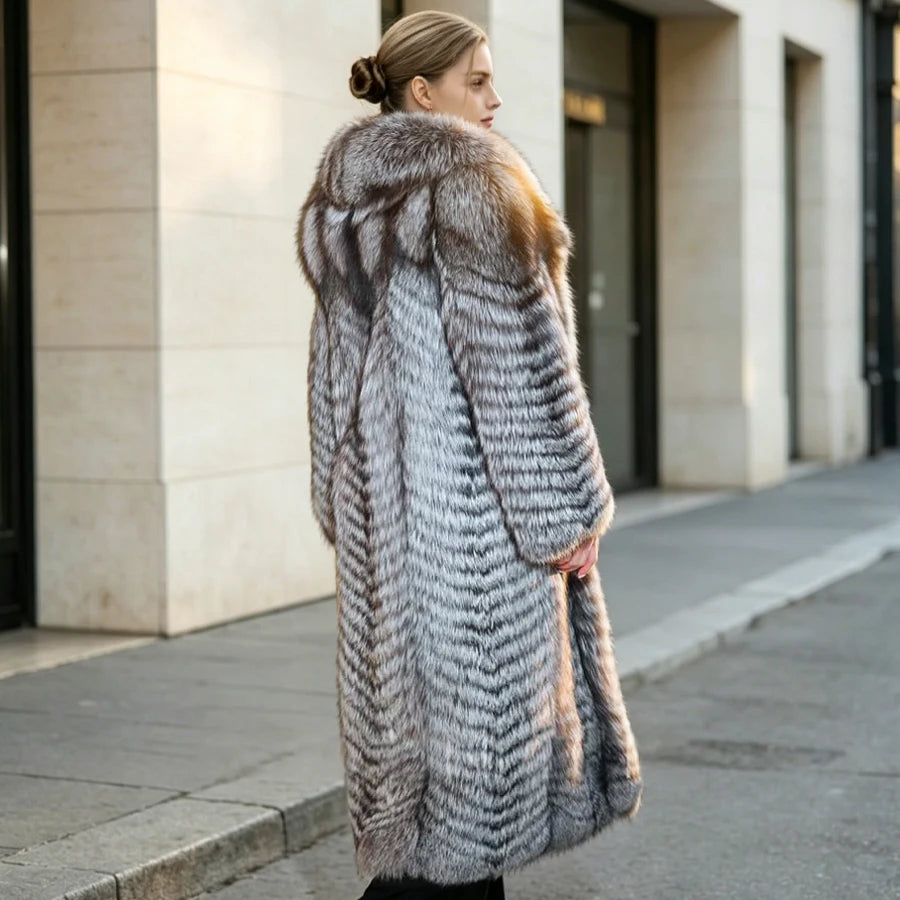 Fox Fur Coat Long Mandarin Collar — Silver | KIMLUD