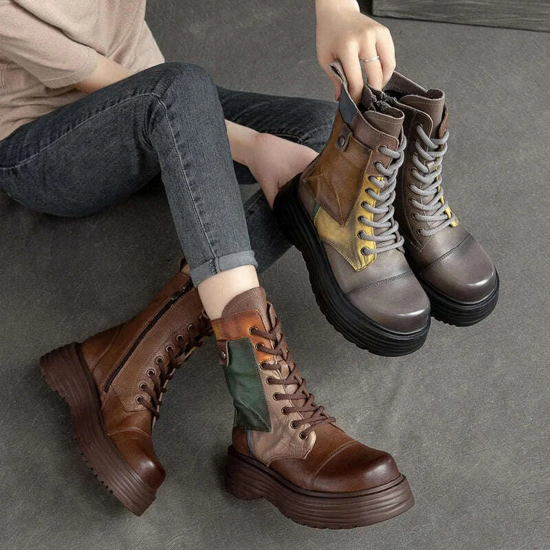 KIMLUD, GKTINOO Handmade Boots Women Genuine Leather Round Toe Lace-up Zipper Platform Thick-soled Mid-calf Boots Retro Zapatos Mujer, KIMLUD Womens Clothes