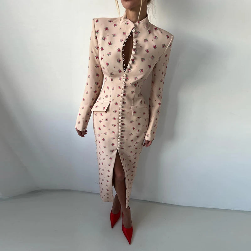 Cotton Elegant Floral Blazer Dress — Beige | KIMLUD