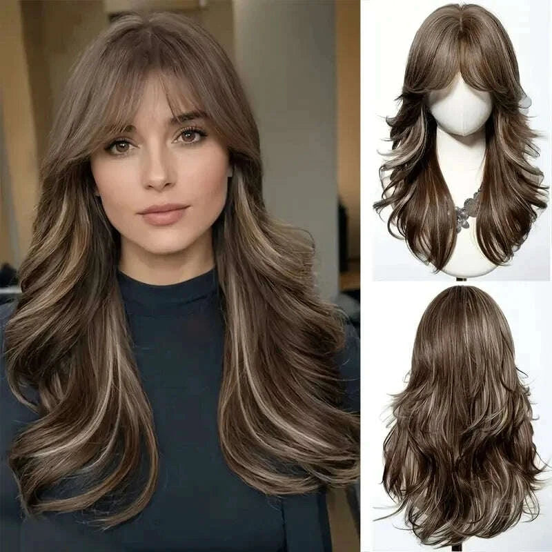 KIMLUD, Golden Blonde Mixed Synthetic Wig Dark Root Wavy Hair With Side Bangs for Women Daily Party Cosplay wig Heat Resistant Fiber, KIMLUD Womens Clothes