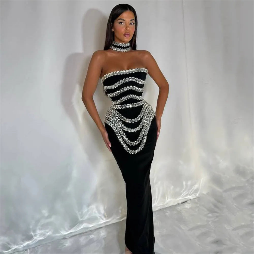 Brand New Ins 2025 Women Black Strapless Crystal Bandage Bodycon Dress Designer Collar Elegant Evening Party Dress Vestido