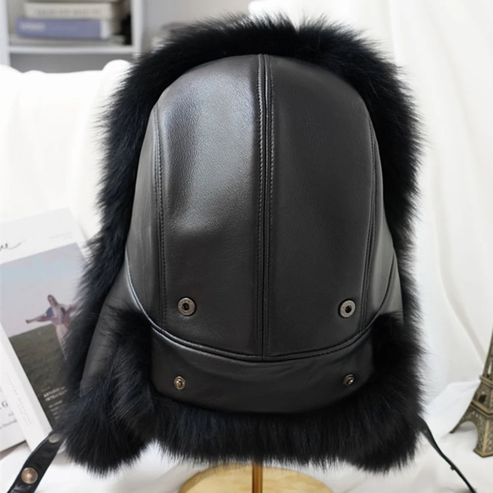 Fashion Winter Men's 100% Real Silver Fox Fur Bomber Hat Raccoon Fur Ushanka Cap Trapper Russian Man Ski Hats Caps Real Leather