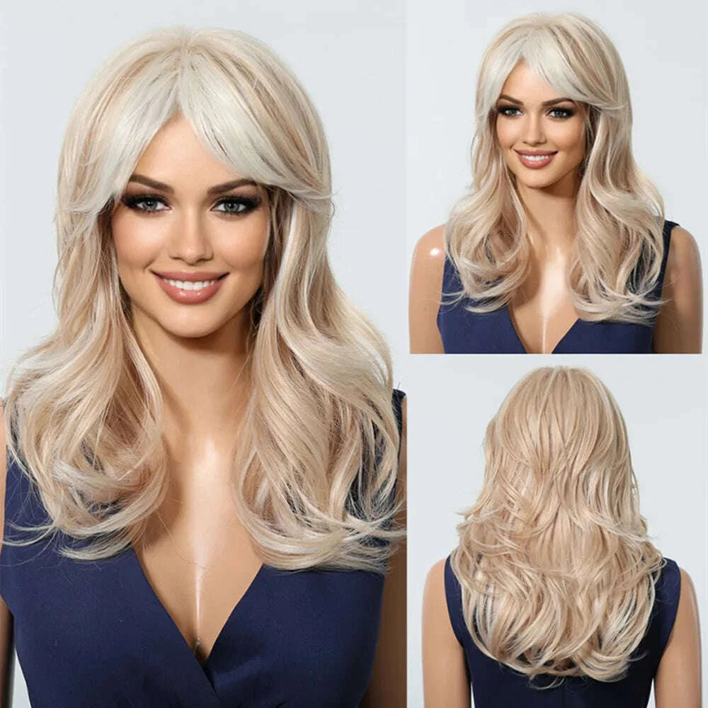 KIMLUD, Golden Blonde Mixed Synthetic Wig Dark Root Wavy Hair With Side Bangs for Women Daily Party Cosplay wig Heat Resistant Fiber, KIMLUD Womens Clothes