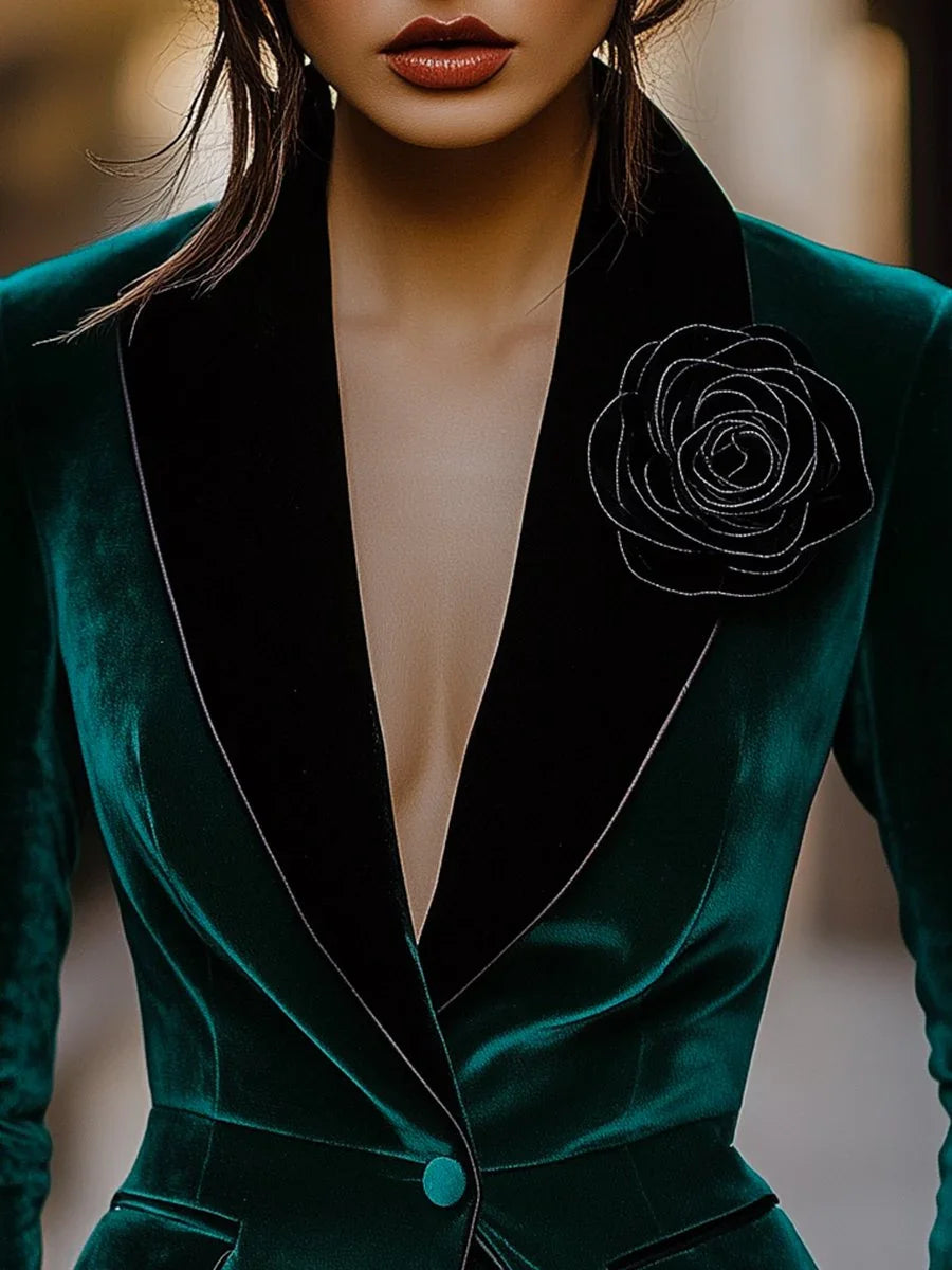Blazer – 3D Rose Flower Appliques – Velvet – Green | KIMLUD