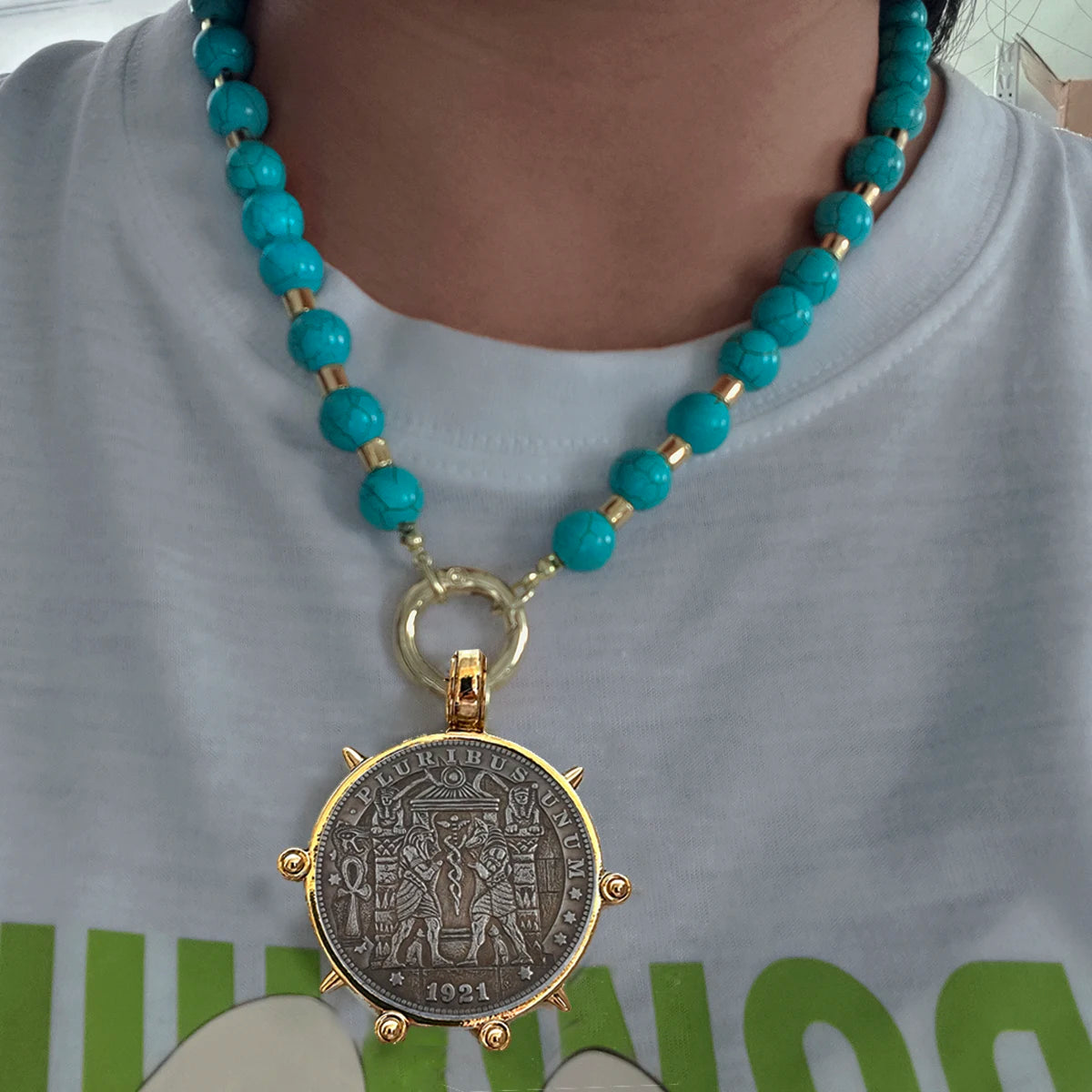 Copper Large Coin Pendant Necklace — Grey | KIMLUD