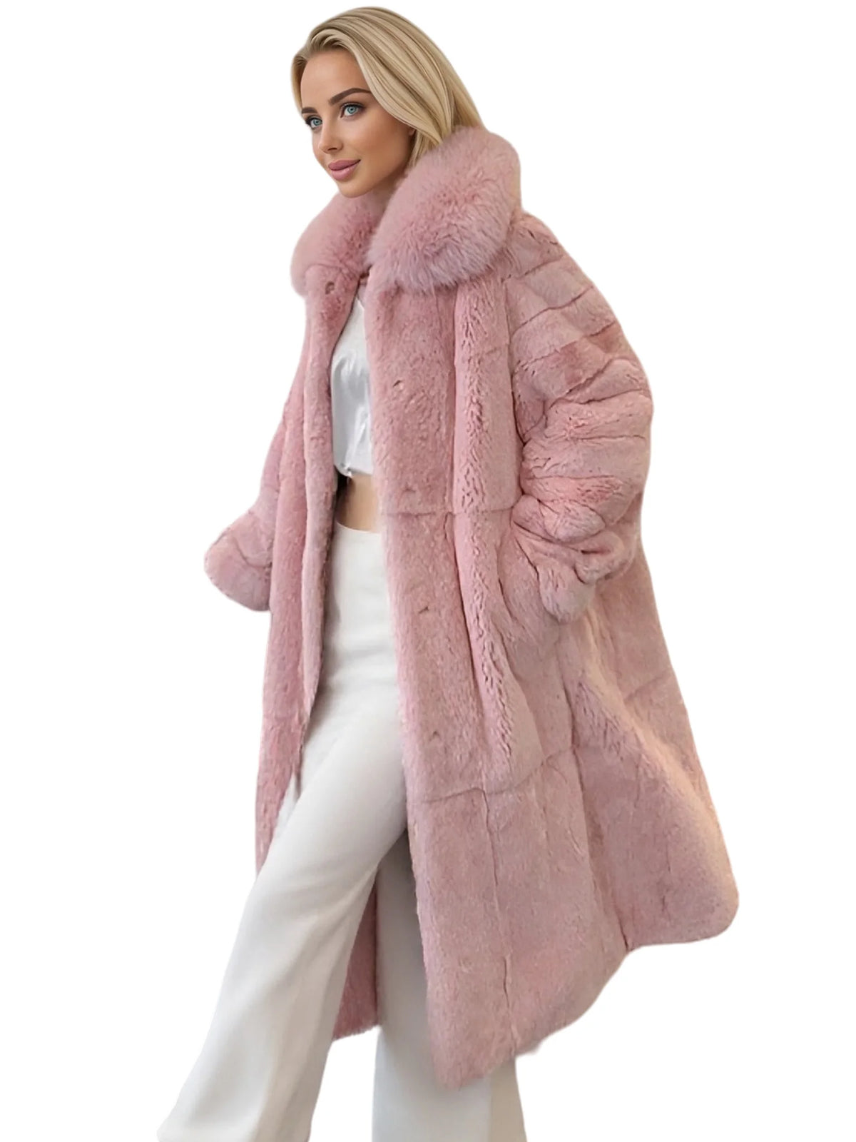 Rabbit Fur Coat – X-Long Rex Rabbit Fur – Fox Fur Collar | KIMLUD
