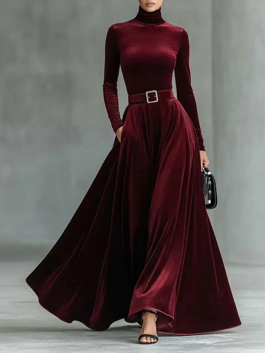 Velvet High Collar Evening Gown Mid-Waist Draped Skirt — Black | KIMLUD