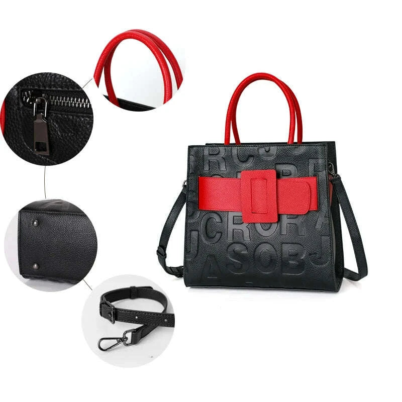 KIMLUD, Aidrani Fashionable women's large capacity handbag with letter print design, made of cowhide material, square, black, KIMLUD Womens Clothes