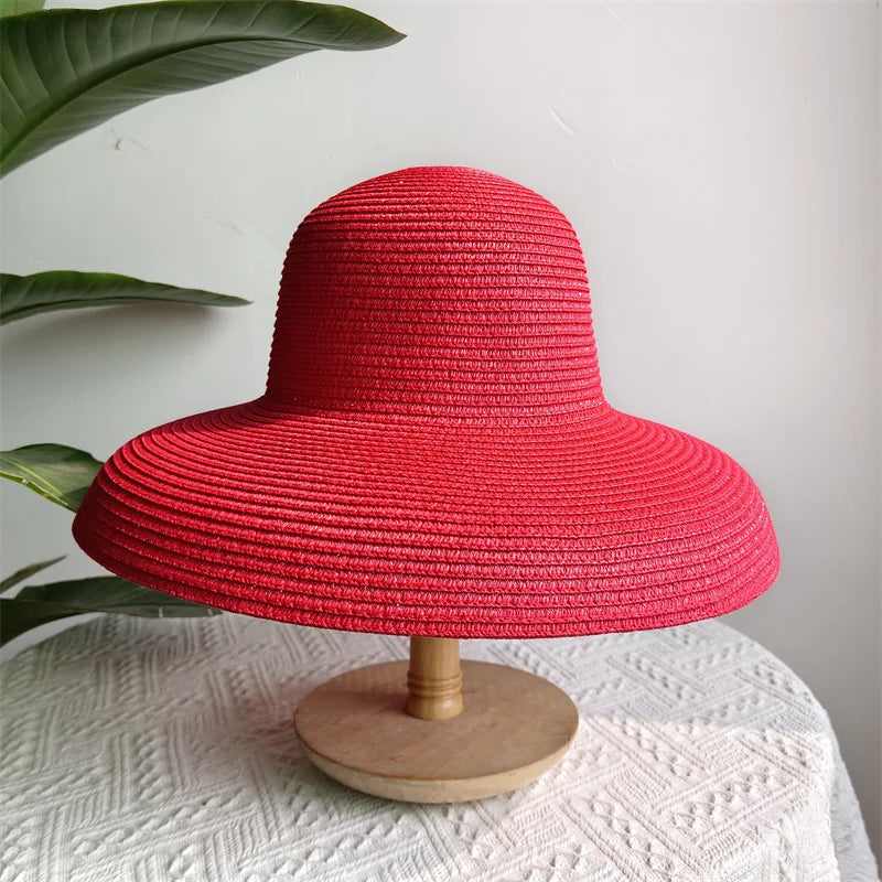 Straw Hepburn Sun Hat Wide Brim Foldable — Natural | KIMLUD