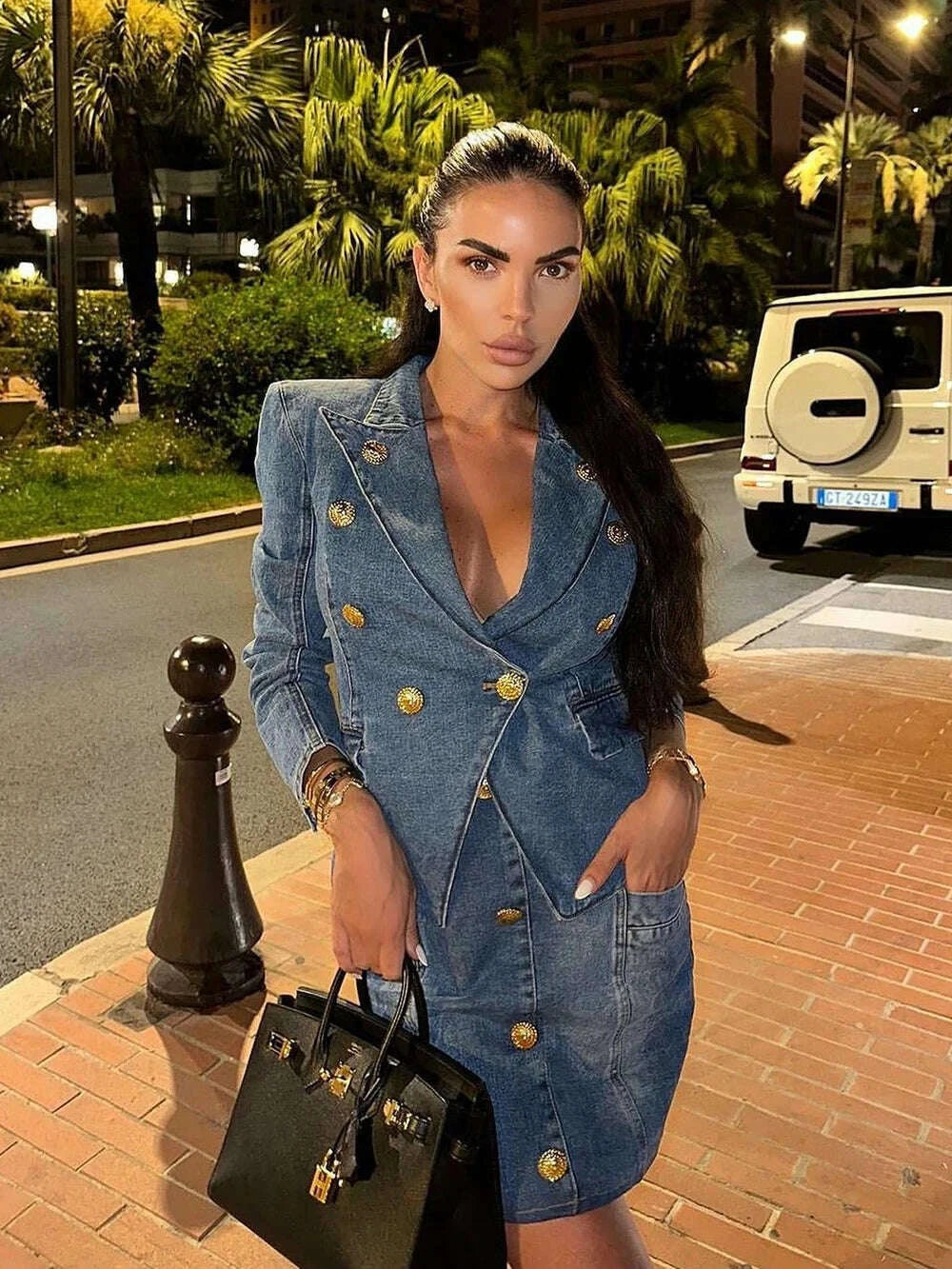 KIMLUD, Modphy High Quality Women'S Double Breasted Slim Fit Denim Blazer Long Sleeve Jean Jacket High Waisted Pencil Mini Skirt Set, KIMLUD Womens Clothes