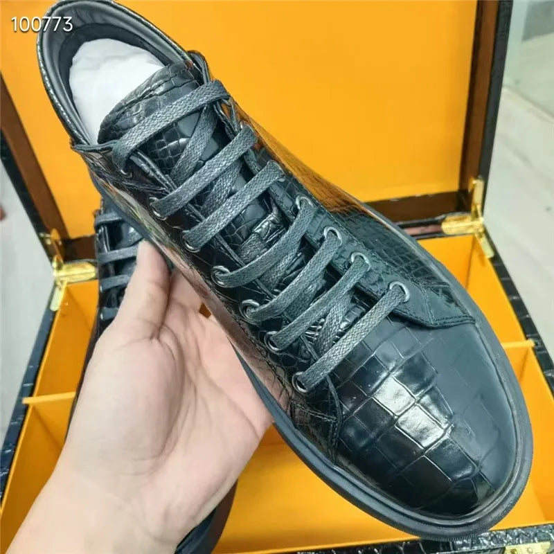 Authentic Exotic Crocodile Skin All-match Men's Black High Top Board Shoes Genuine Alligator Leather Male Lace-up Walking Flats