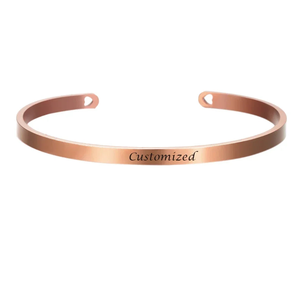 Stainless Steel Engraved Name Text Heart Cuff — Silver | KIMLUD