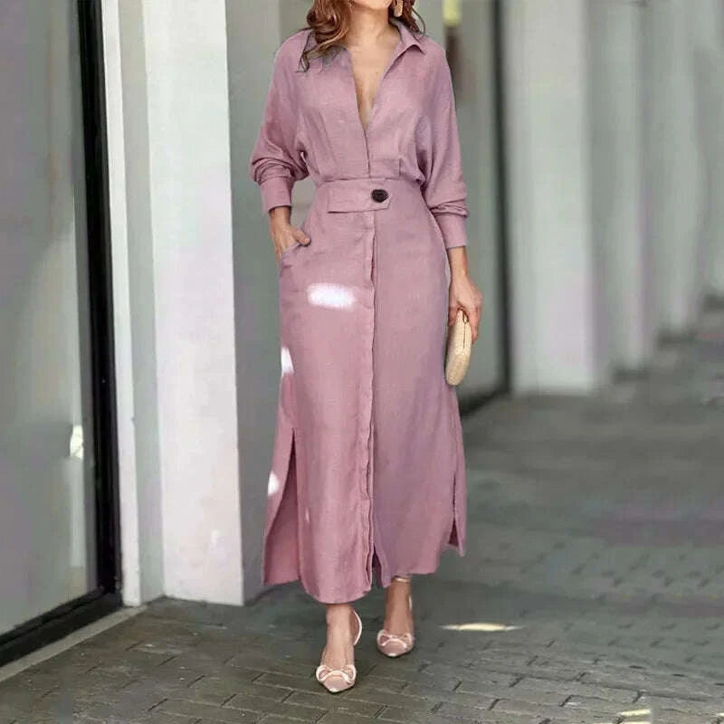 KIMLUD, Women Fashion Solid Casual Dress Long Sleeve Office Lady Straight Minimalist Autumn Spring Vintage Elegant Midi Dress with Belt, KIMLUD Womens Clothes