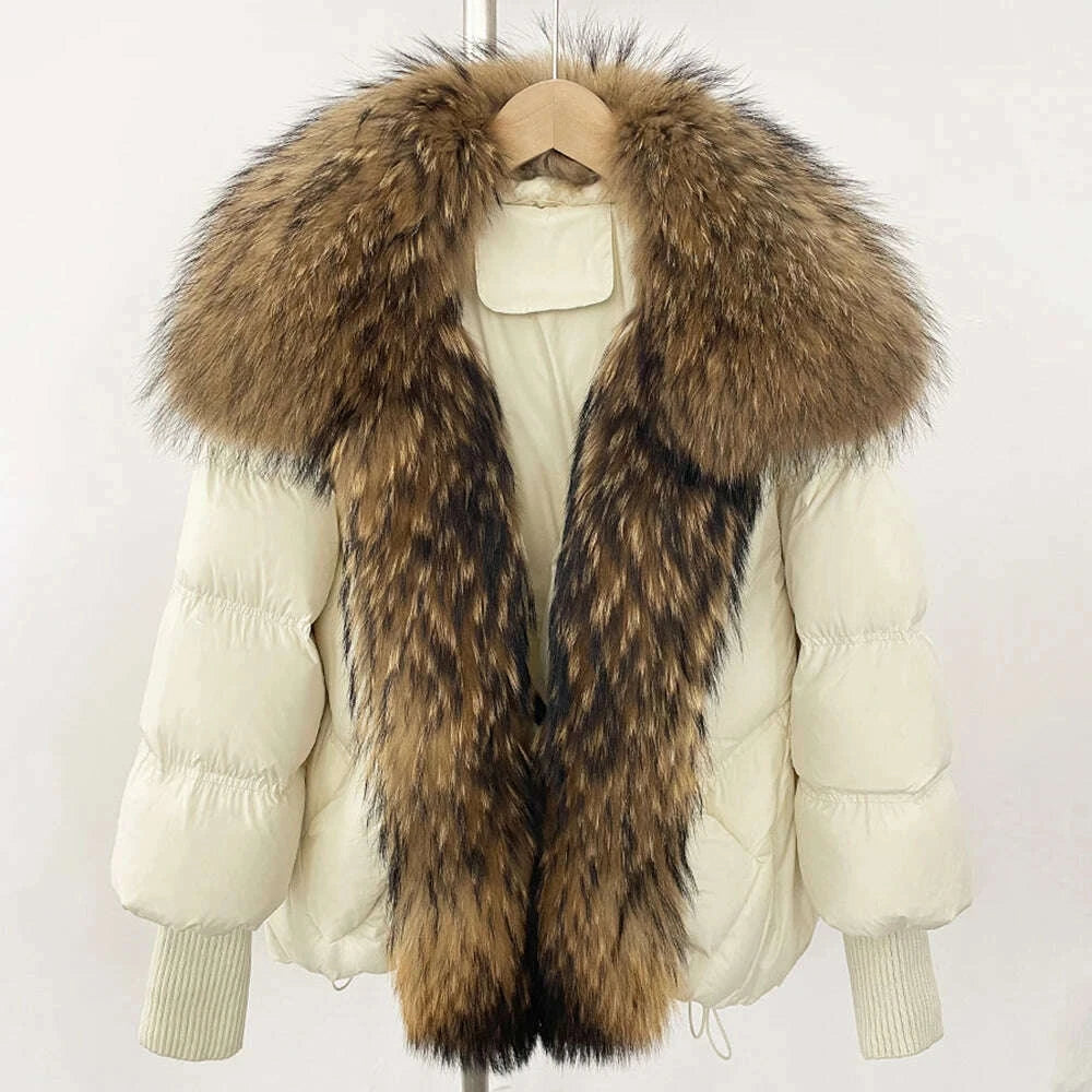 KIMLUD, OFTBUY Large Real Raccoon Fur Jacket Knit Sleeve Real Fur New Winter Puffer Jacket Women White Duck Down Coat Oversized Feather, KIMLUD Womens Clothes