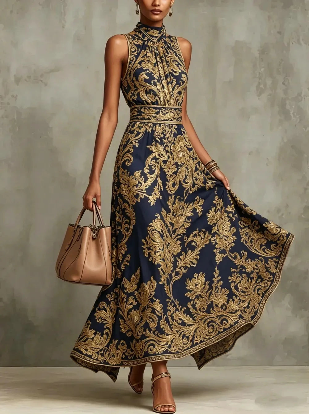 Maxi Dress – Baroque Print Halter Neck – Polyester A-Line | KIMLUD