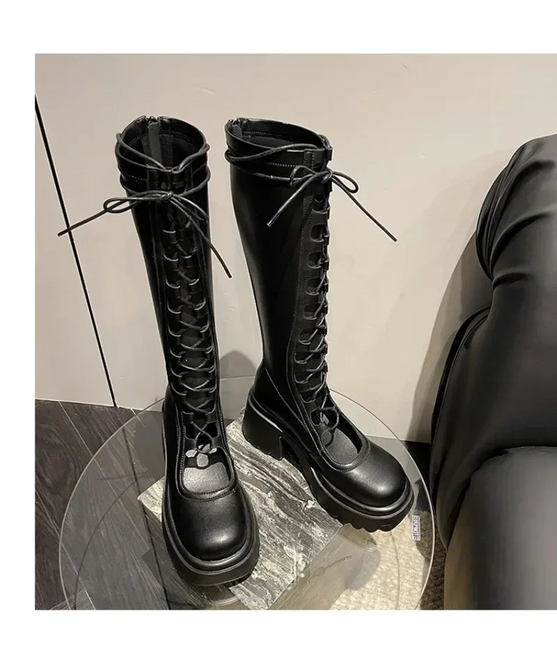 2024 Summer New Female Breathable Hollowed Out Mesh Boots Genuine Leather High Knight Boots Knee High Heels Show Thin Cool Boots