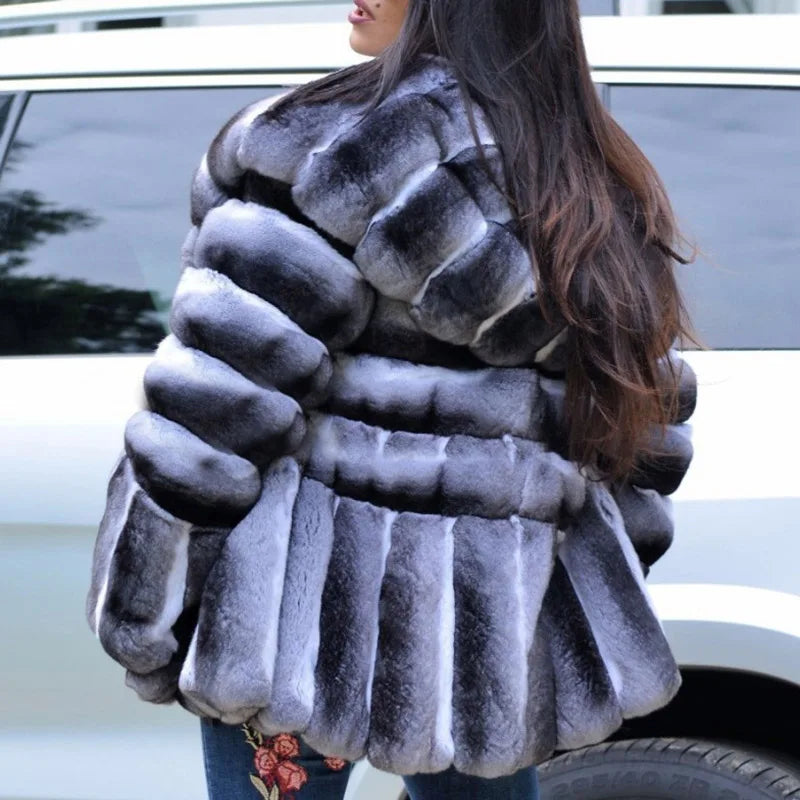 Luxurious Rex Rabbit Fur Solid Coat — Black | KIMLUD