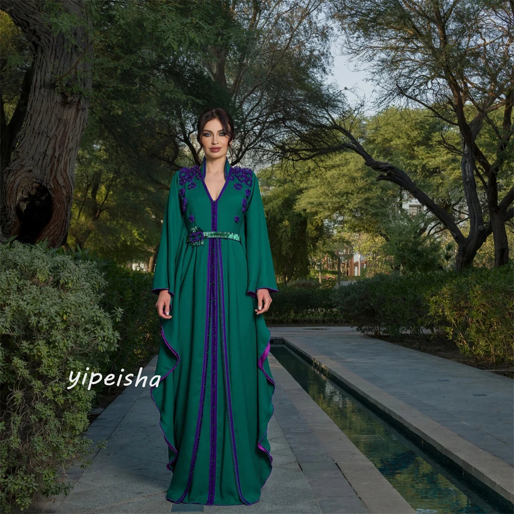 Customized Jersey Flower Sashes Ruched Wedding Party A-line V-neck Bespoke Occasion Gown Long Dresses