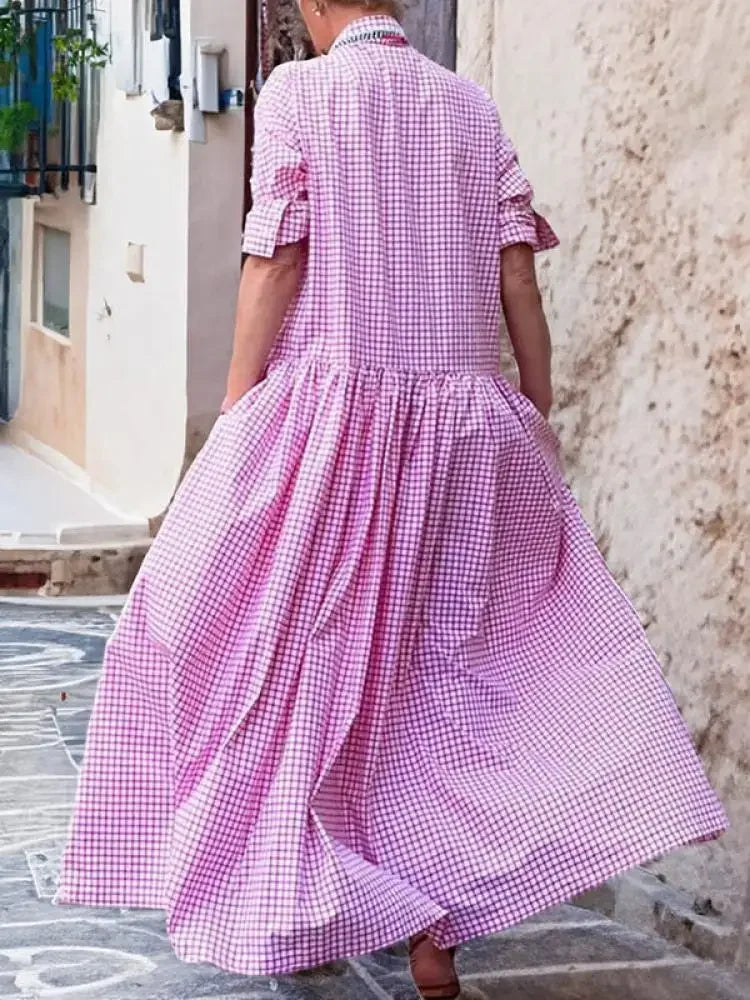 Maxi Dress – Plaid Pleated Lapel Shirt Dress – Polyester | KIMLUD