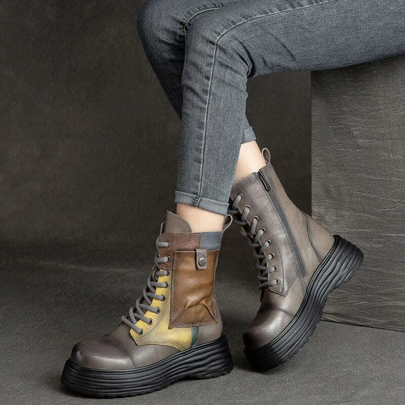 KIMLUD, GKTINOO Handmade Boots Women Genuine Leather Round Toe Lace-up Zipper Platform Thick-soled Mid-calf Boots Retro Zapatos Mujer, KIMLUD Womens Clothes