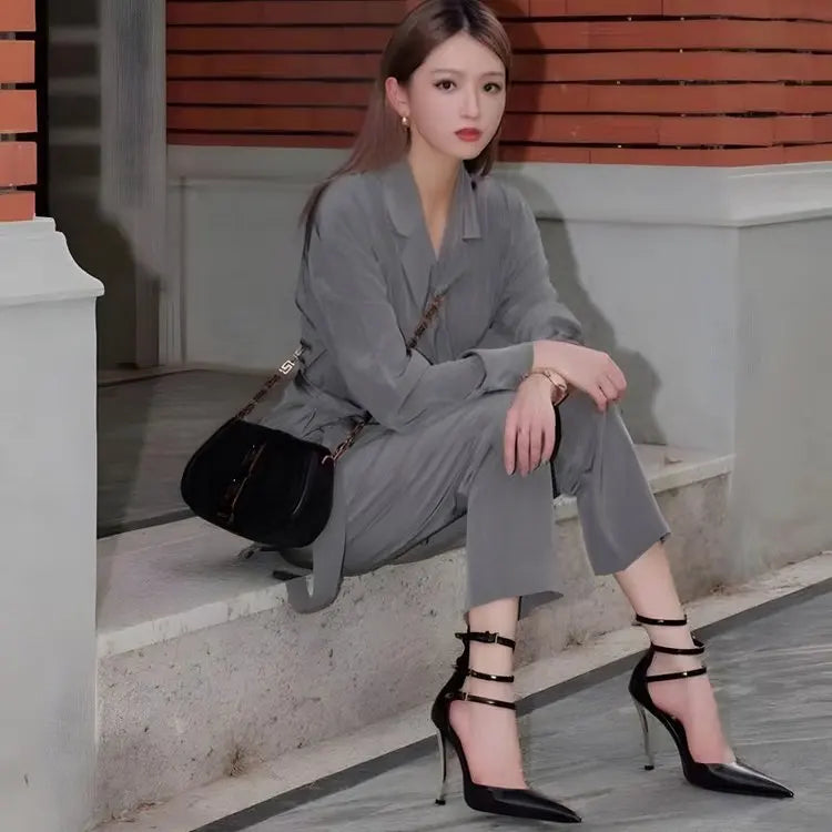 Microfiber Heeled Sandals Lace Up Pointed Toe — Black | KIMLUD