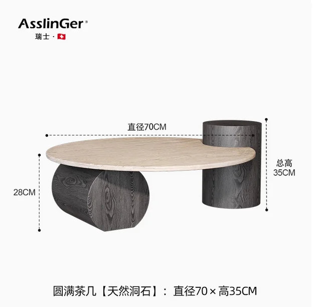 Nordic Minimalist Travertine Side Table Round Top With Solid Wood Pedestal — Beige | KIMLUD