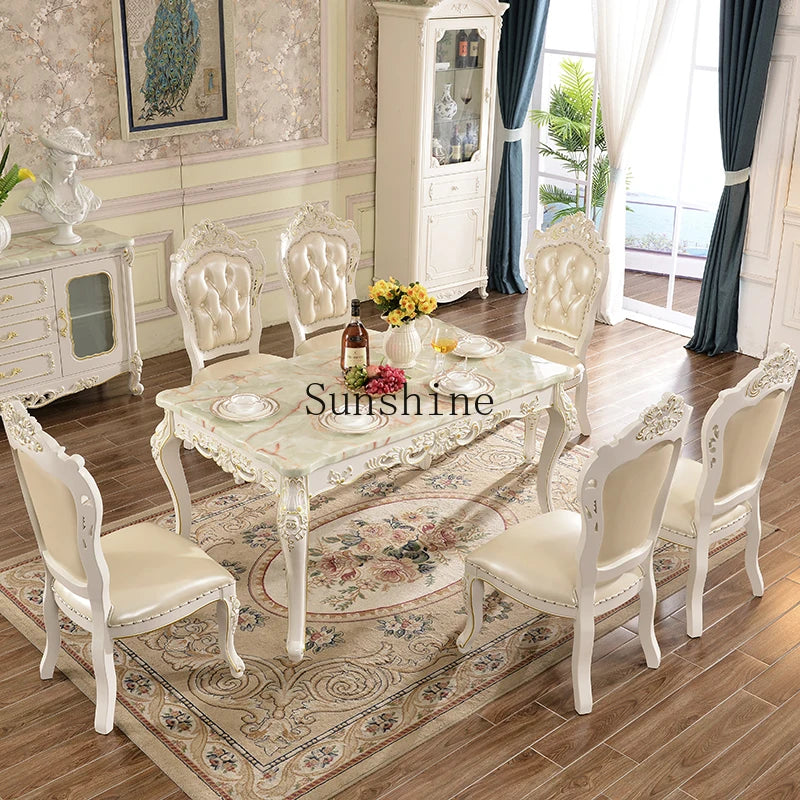 Solid Wood Dining Table Set Carved Floral — White | KIMLUD