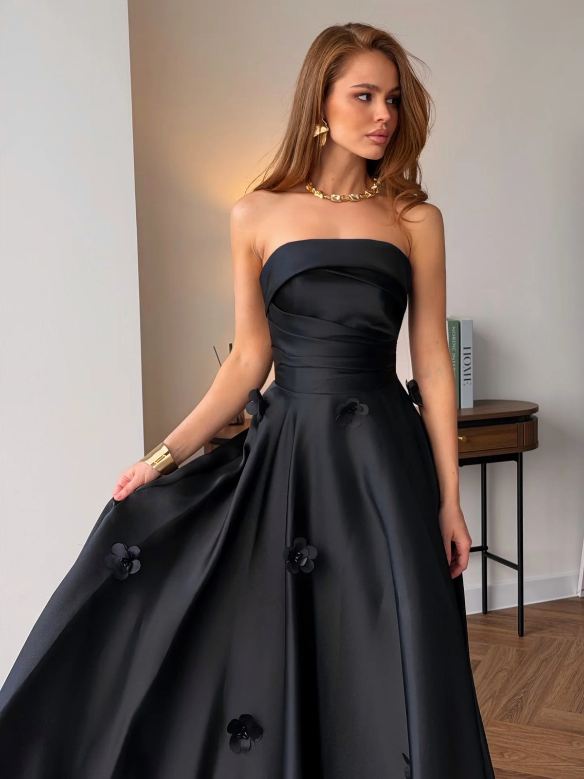Strapless Satin Evening Dress – 3D Flower Appliques – A-Line Silhouette | KIMLUD