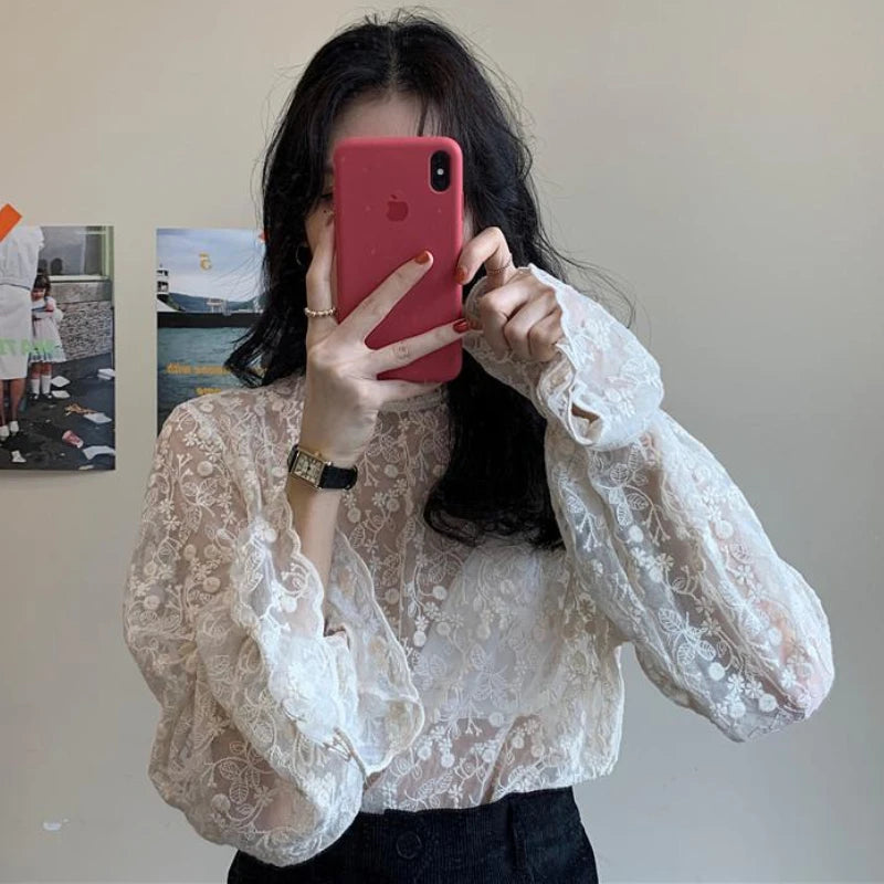 M-3XL Lace Blouses Women Sweet Flare Sleeve Elegant Inside Basic Ladies Designer Aesthetic Classical Temper Chic Korean Fashion